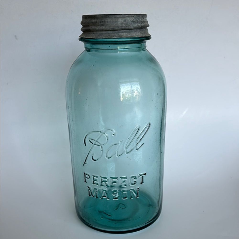Vintage Blue Glass 9.5” Tall Ball Perfect Mason Canning Jar Zinc Lid